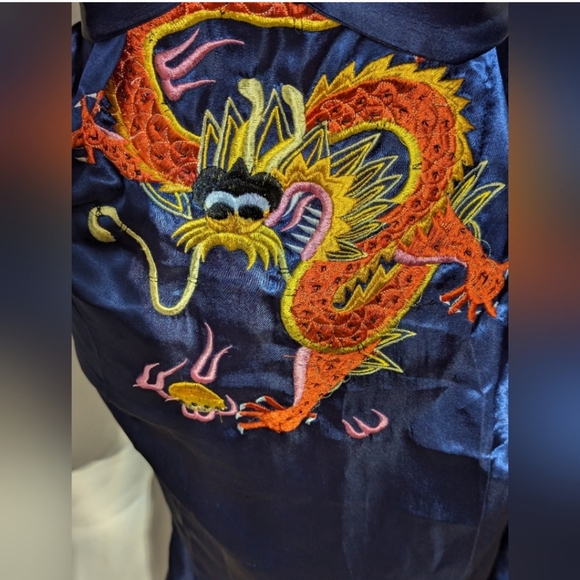 Golden Dragon Bathrobe Kimono Size Large Blue Silky Vintage - Picture 8 of 12